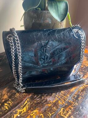Yves Saint Laurent Black Crinkled Leather Chain Shoulder Bag